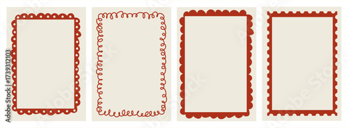 Retro whimsical Christmas dinner card frames set with scalloped looped hand-drawn borders. Festive ornamental frames for greeting cards, menu, gift tags, and seasonal stationery. Vector illustration.