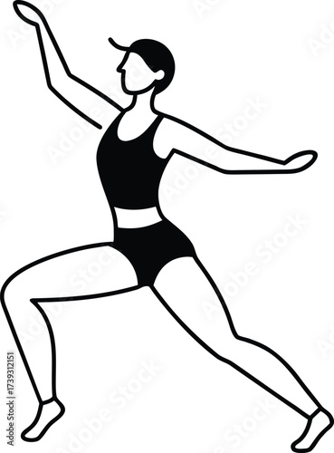 Athletic woman in a dynamic pose performing a dance or fitness movement with outstretched arms and legs on white background 