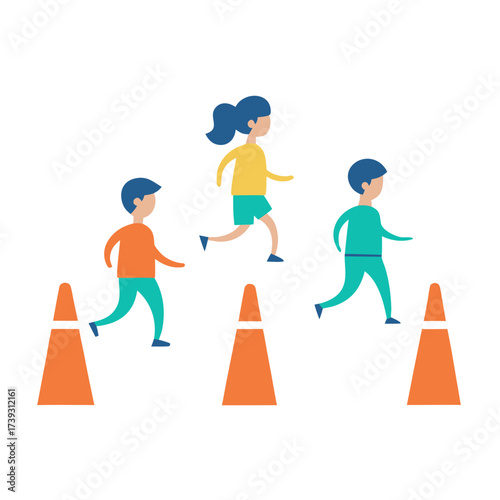 Children running an obstacle course with orange cones on a black background