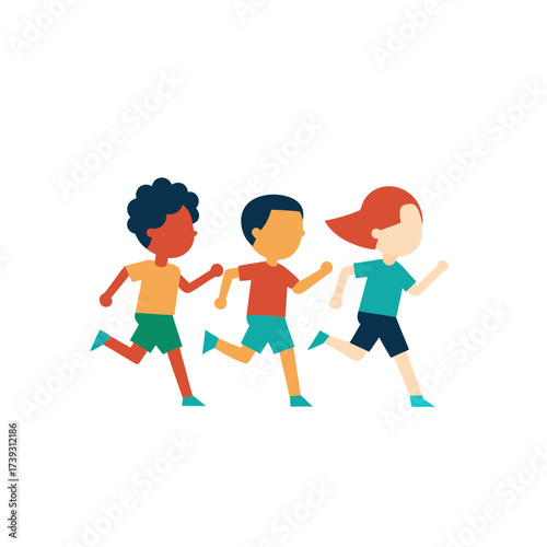 Diverse group of children running together in a race or fun activity
