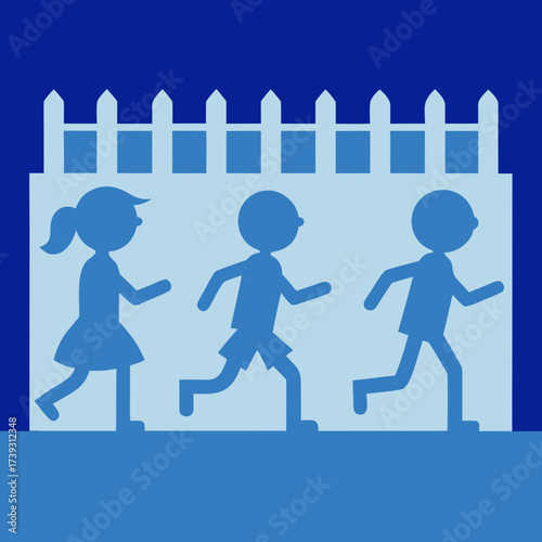 Children running together past a white picket fence in a blue illustration
