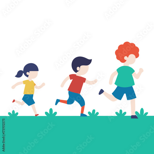 Three diverse children running together happily in a green field