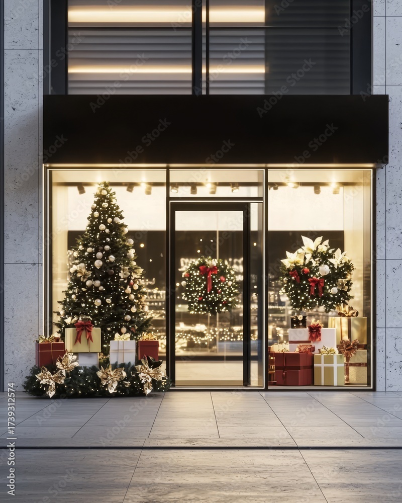 Fototapeta premium A seasonal display of flowers and trees in a modern retail space.