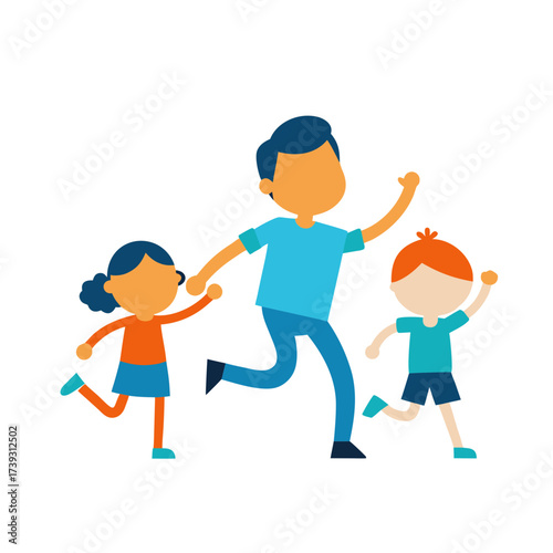 Father and two children running together happily outdoors in a park