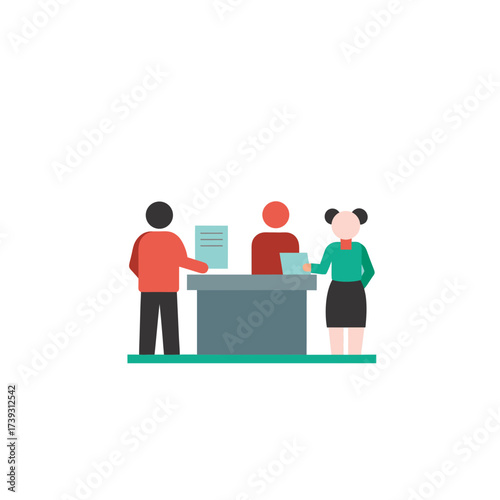 People interacting at a counter with documents and information exchange