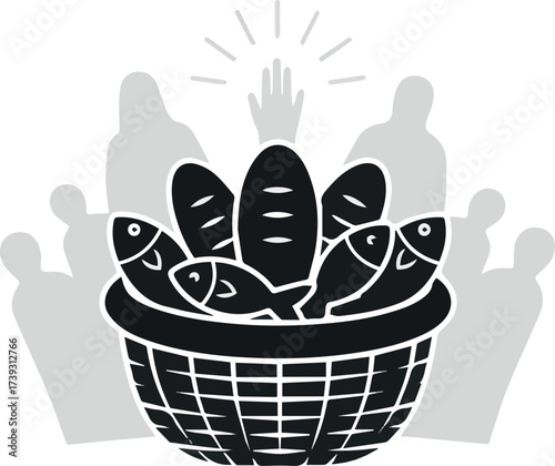 d and fish in basket glyph icon. Feeding the multitude. Holy week. Blessing food from Bible. New Testament. Bible narrative. Silhouette symbol. Negative space. Vector isolated illustration
