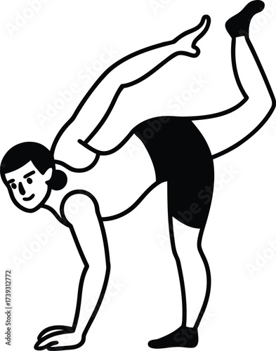 Athletic person performing a challenging yoga pose with one leg extended and bent backwards on white background 
