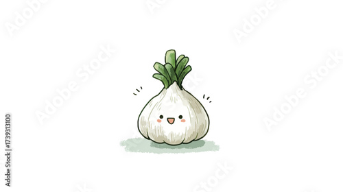 A cheerful cartoon garlic bulb with a happy expression and green sprouts sits against a plain background, creating a playful and appealing image for food lovers.