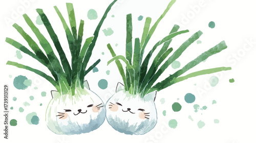 Two adorable onion characters with cat features smile joyfully. Their green tops create a playful design against a soft, colorful background, adding cheerfulness to any space.