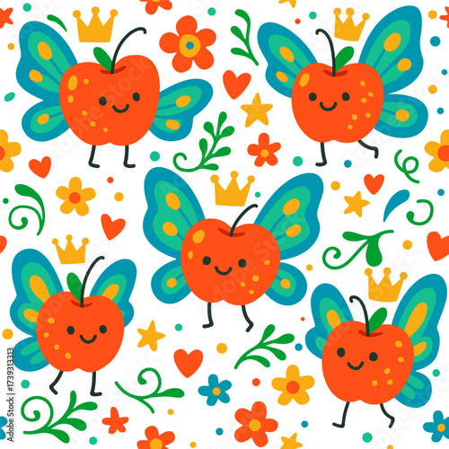 Seamless background with funny apples with crowns and wings. Bright illustration in flat vector style.