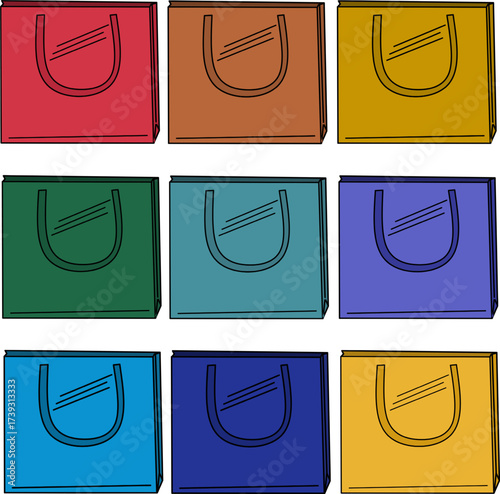 Colorful Shopping Bags Arranged in Rows Displaying Modern Design