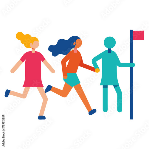 Diverse group of women running towards a flag representing a finish line or goal