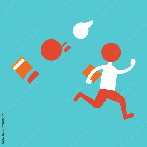 Person running from a bomb with a speech bubble and briefcase