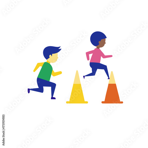 Diverse children race through an obstacle course with colorful cones and hurdles