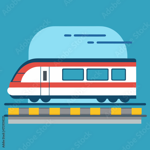 Modern high speed train traveling on tracks with blue sky background