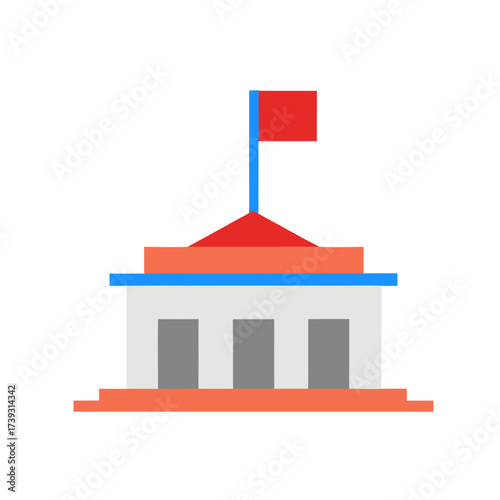 Stylized flat icon of a government building with a flag on a black background