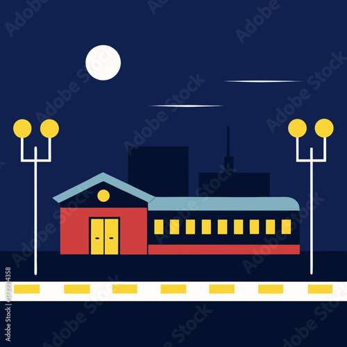 Flat design illustration of a train station building at night under a full moon