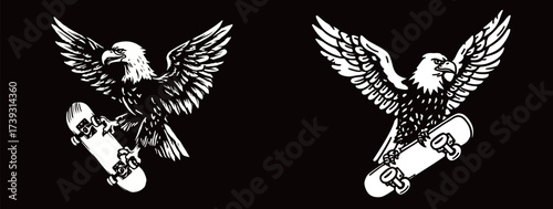 Two stylized eagles are depicted skateboarding in mid-air. Each eagle holds a skateboard, showcasing impressive wings and an adventurous spirit.