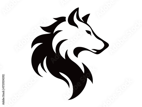 A striking black silhouette of a wolfs head showcases detailed features and a flowing mane. The design combines elegance and strength, ideal for art or branding purposes.