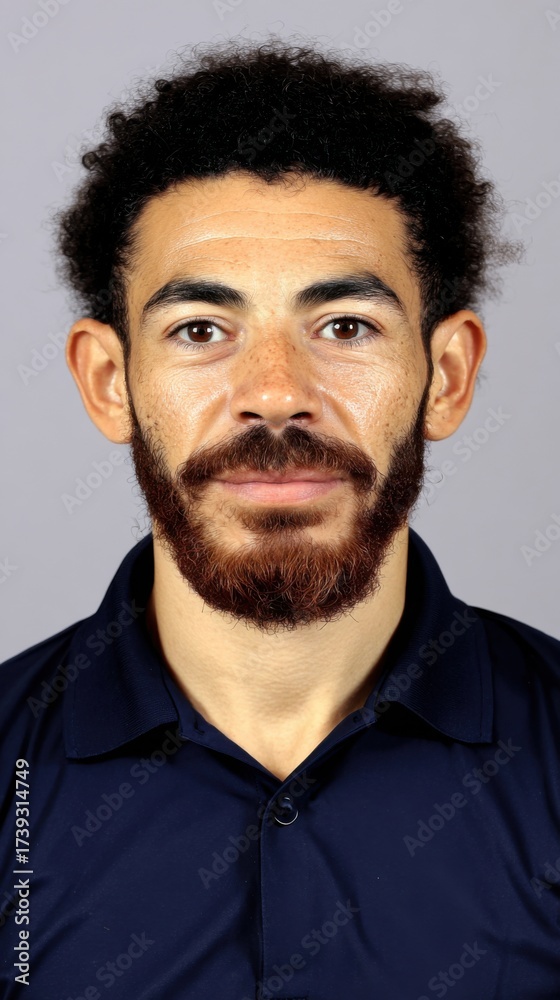 Fototapeta premium Man with curly dark hair and a beard poses for a close-up portrait in a plain background during daylight