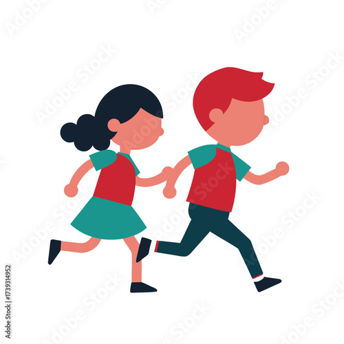 Two diverse children holding hands and running together joyfully