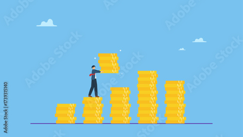 Businessman increase money stack. Investment growth compound interest, capital gain profit or wealth accumulation, increase pension fund or revenue, financial success, increase deposit value