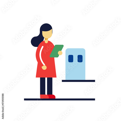 Illustration of a person holding a tablet next to a light blue kiosk