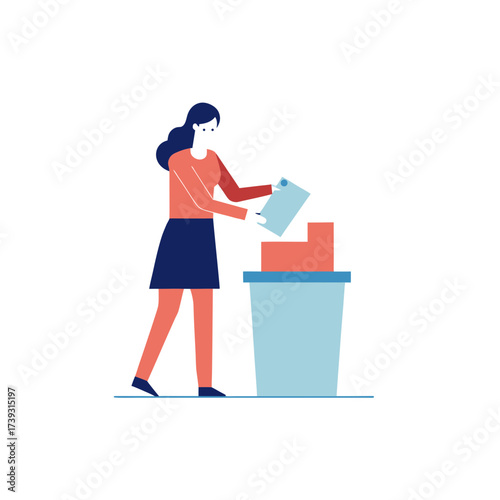 Woman discarding documents into a trash can with a minimalist style