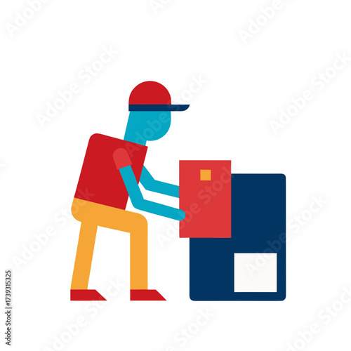 Delivery person placing package onto large blue shipping container
