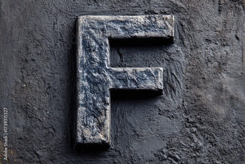 Dark gray metallic letter F on textured surface