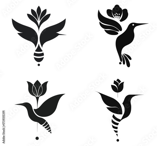 Four artistic illustrations show stylized birds and flowers, featuring intricate shapes and designs that blend nature and art. The overall look is minimalist and modern.