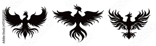 Three unique phoenix illustrations showcase different artistic styles featuring intricate details and bold shapes. Each represents rebirth and strength through its design.