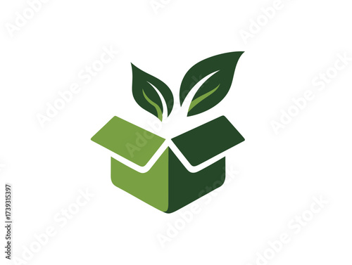 A box with green leaves emerging from it represents the concept of sustainable packaging. This visual highlights eco-friendly practices and environmental awareness.