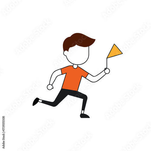 Cartoon character running with a small orange flag in a race or competition