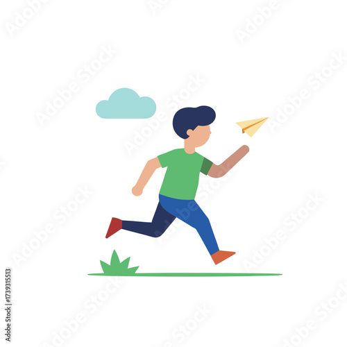 Boy running and throwing a paper airplane under a cloudy sky