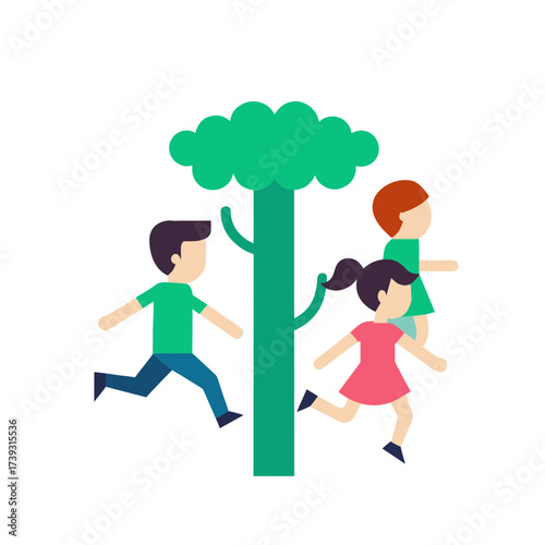 Children running around a tall green tree in a playful outdoor scene
