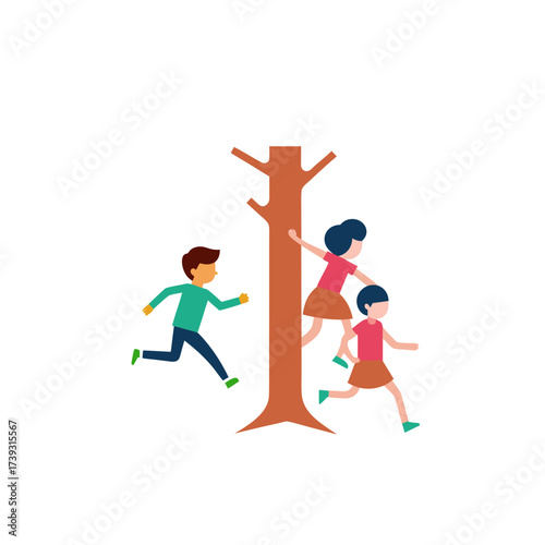 Children playing tag around a tree in a stylized outdoor scene