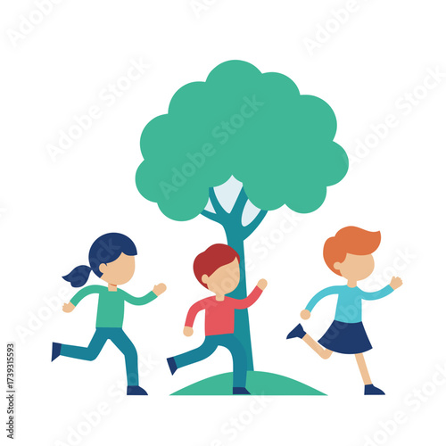 Children joyfully running and playing around a large green tree in a park setting