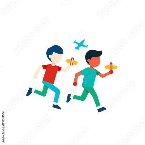 Two boys running and playing with toy airplanes and frisbees on a black background