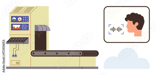 Conveyor belt next to a facial recognition process symbol. Ideal for AI, automation, security, technology, innovation, identity processing, efficiency. Simple flat metaphor