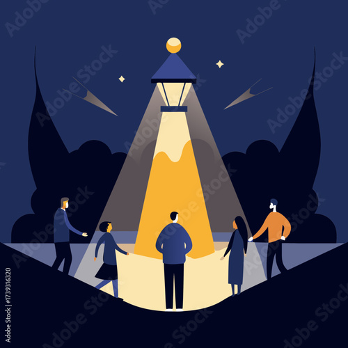 People Gathered Around Light Source Lantern Glow