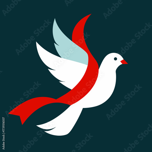 Stylized Dove Flying With Red Ribbon Symbol