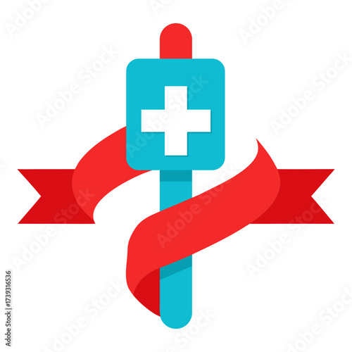 Medical Cross With Red Ribbon Symbol Design
