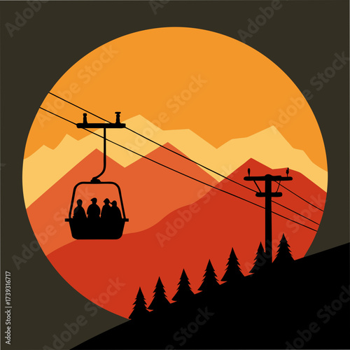 Chairlift Silhouette Moving Slowly Up Mountain Slope