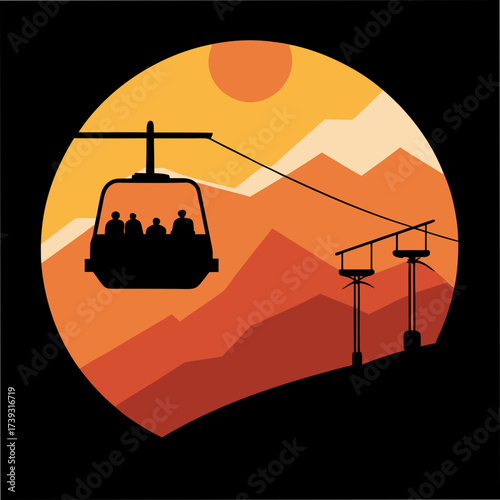 Chairlift Silhouette Going Up Snowy Mountain Range