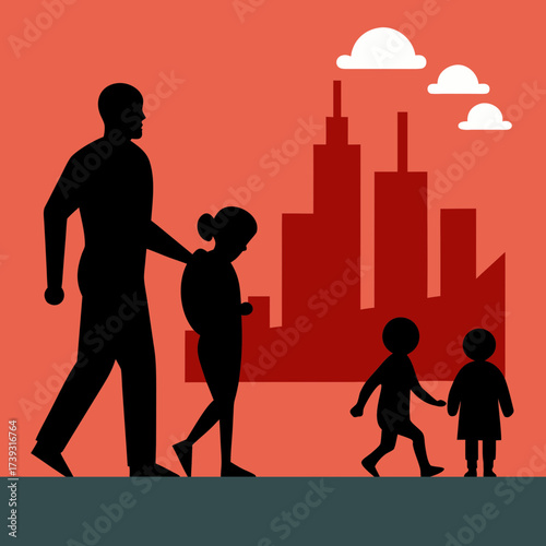 Family Walking Together Parent Carrying Child Illustration