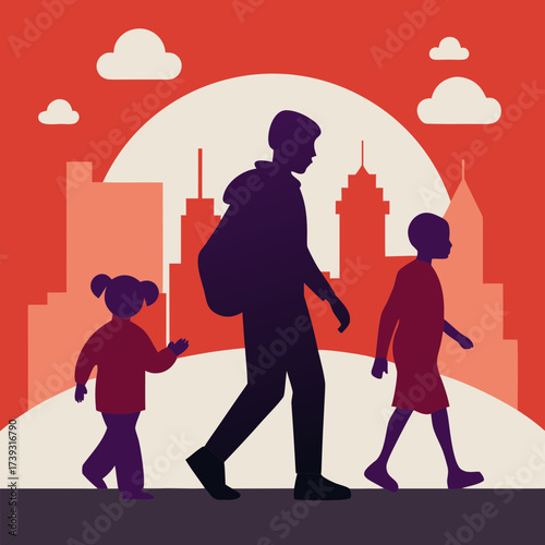 Parent Carrying Child With Family Following Behind