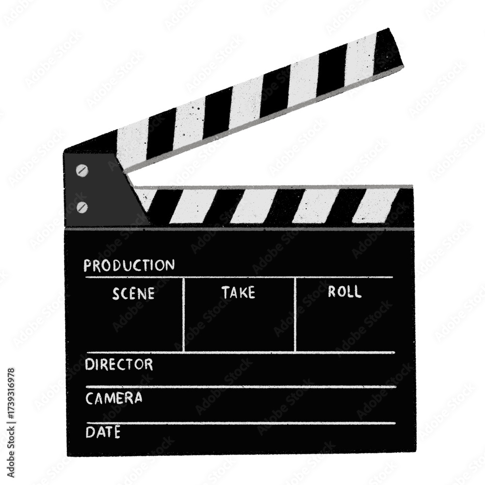 Obraz premium film slate movie clapper board watching movies, showtime, vintage illustration, hand drawn on transparent background.