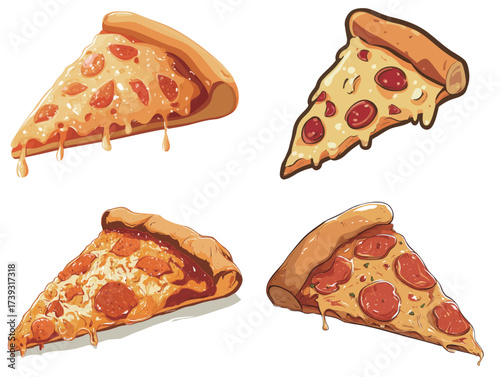 This scene showcases four slices of pizza featuring different toppings, including pepperoni and cheese. The slices are vibrant and steaming, emphasizing deliciousness.
