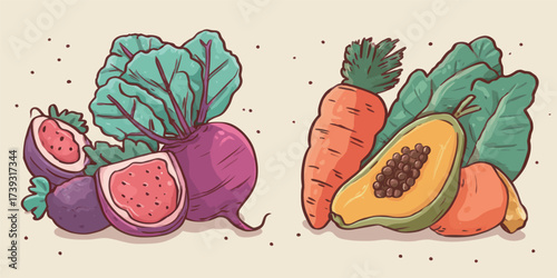 A vibrant collection of various vegetables and fruits, including carrots, papaya, and radishes, is beautifully arranged for a healthy display.